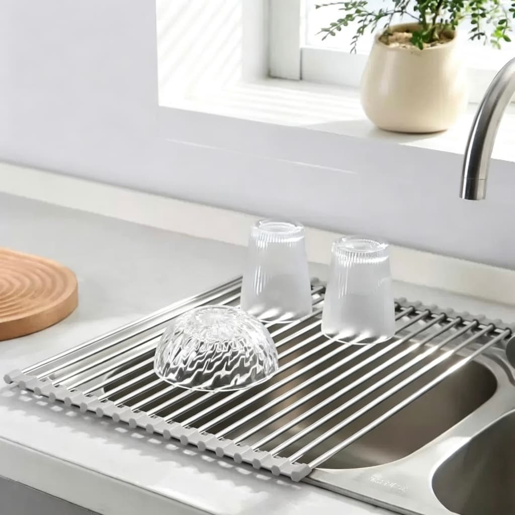 Escorredor esteira 37cm inox flexível dobrável multiuso pia cozinha pratos alimentos