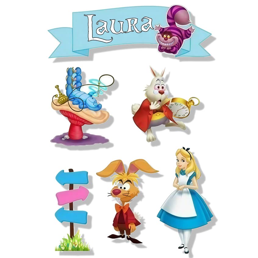 Topo Topper de Bolo Alice no País das Maravilhas Princesas Personalizado Nome Idade 5 QP5