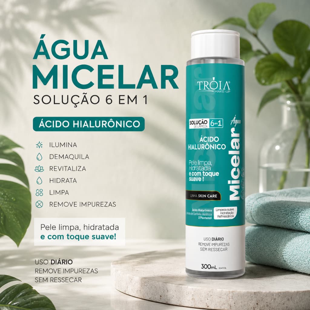 Água Micelar Ácido Hialurônico 6 Em 1 Demaquilante 300ml - Tróia Make Up