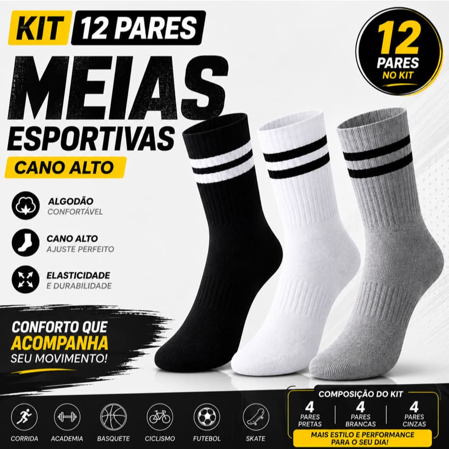 Kit 12 Meias Cano Alto Academia Treino Corrida 3 Listras