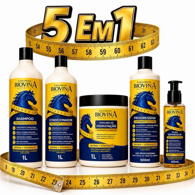 Kit Completo 1 litro Biovin A Cuidados Capilares 5 Produtos Shampoo Condicionador Máscara Progressiva e Óleo