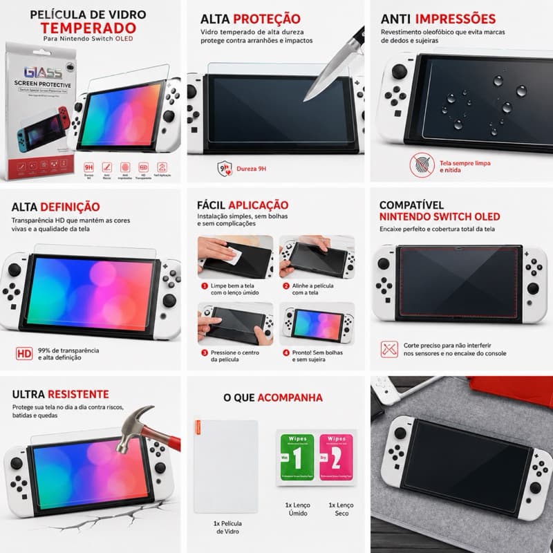 Película de Vidro Temperado para Nintendo Switch OLED 9H Anti Risco Full Cover