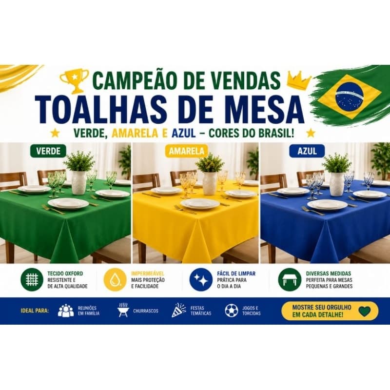 Toalha de Mesa Brasil Verde Amarela e Azul Decoração Copa Do Mundo Oxford Churrasco e Jantar
