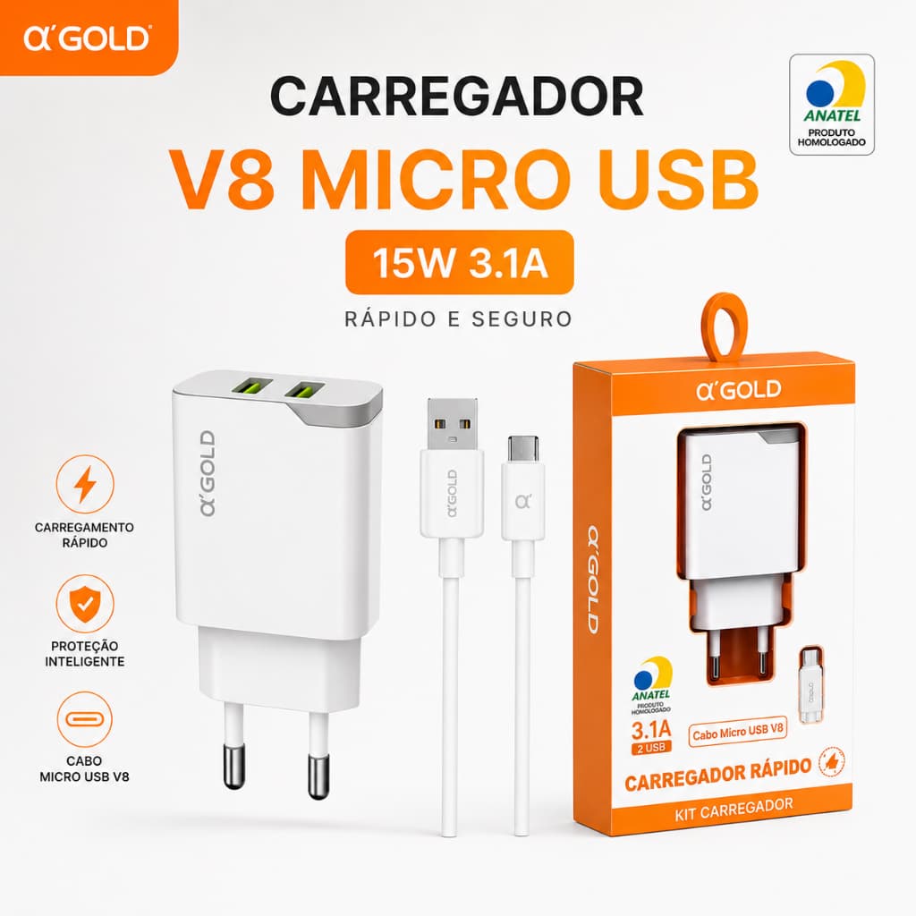 Carregador Turbo V8 Micro USB Com Cabo Carregamento Rápido 15W Universal