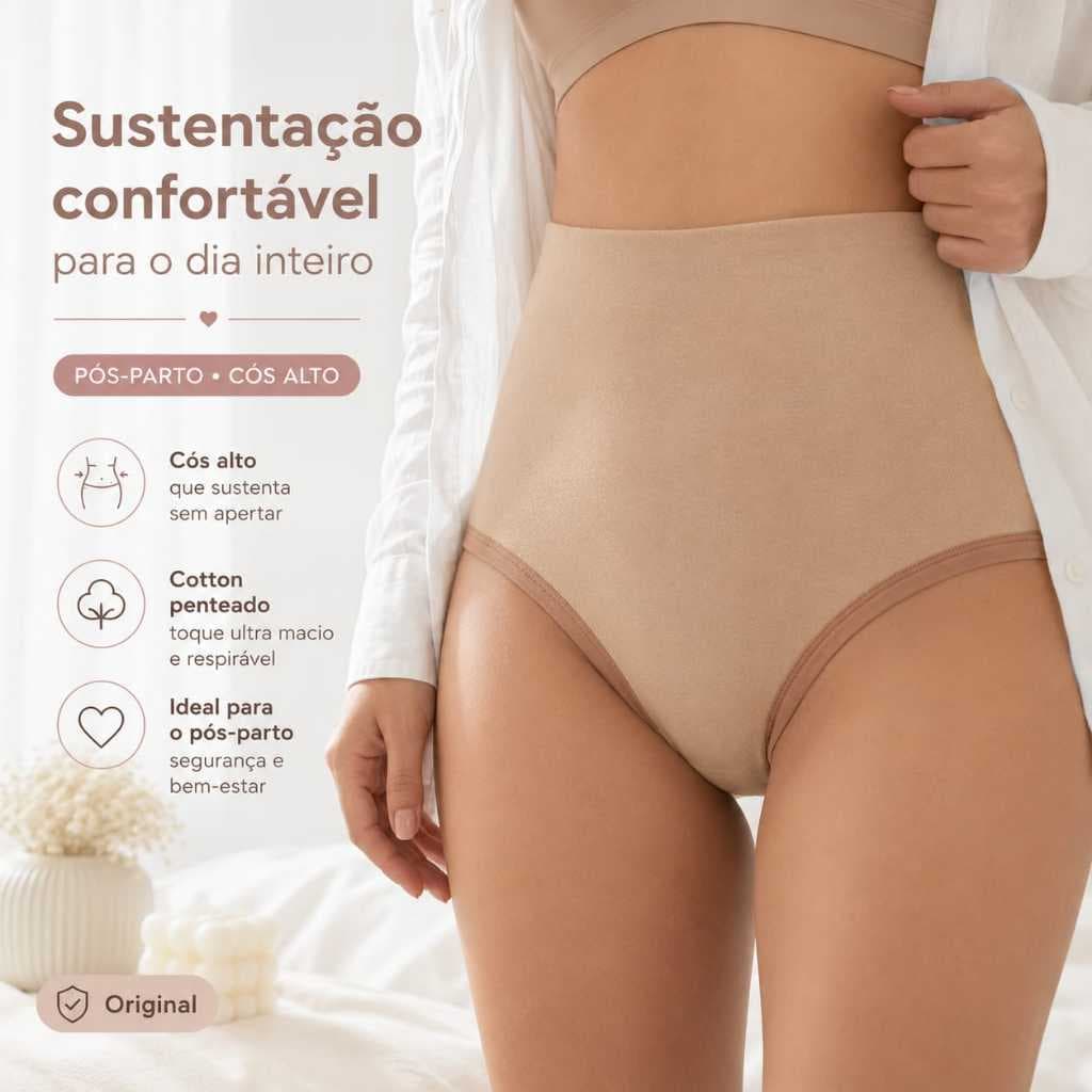 Calcinha Cintura Alta Pós Parto Algodão Cotton Toda Dupla Confortável