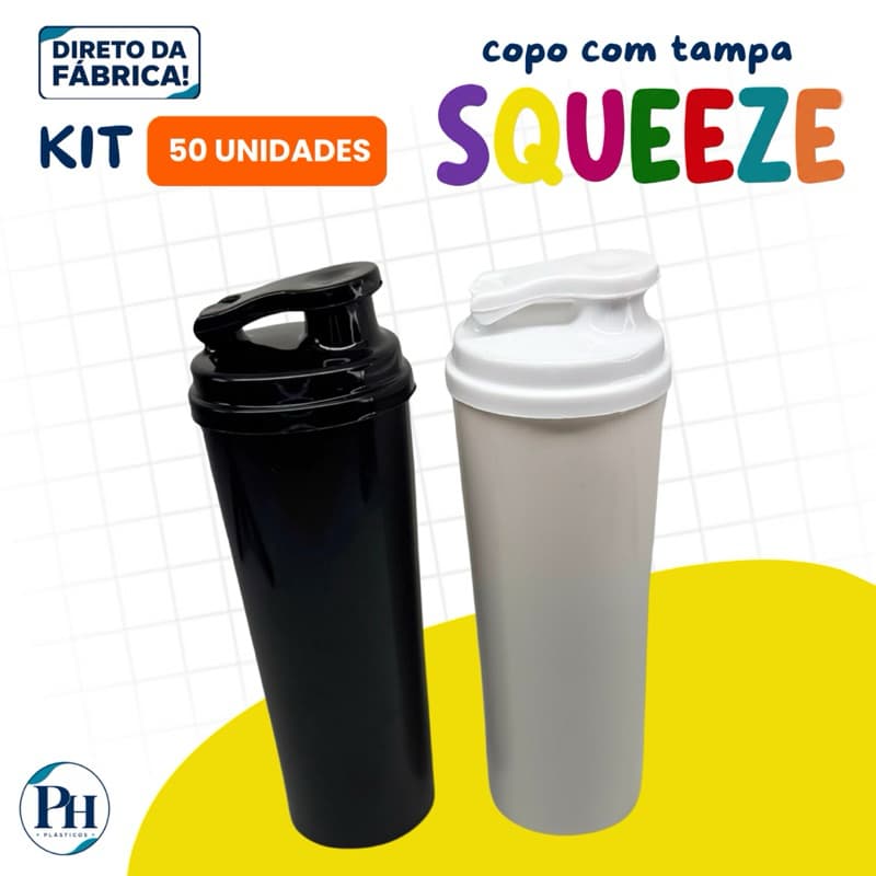 KIT 50 UNIDADES COPO LONG DRINK COM TAMPA SQUEEZE 330ML | FESTAS E LEMBRANCINHAS