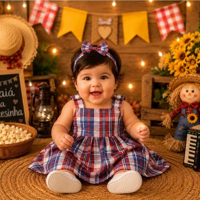 Vestido Caipira Infantil Feminino Xadrez com Tapa Fralda São João Bebê