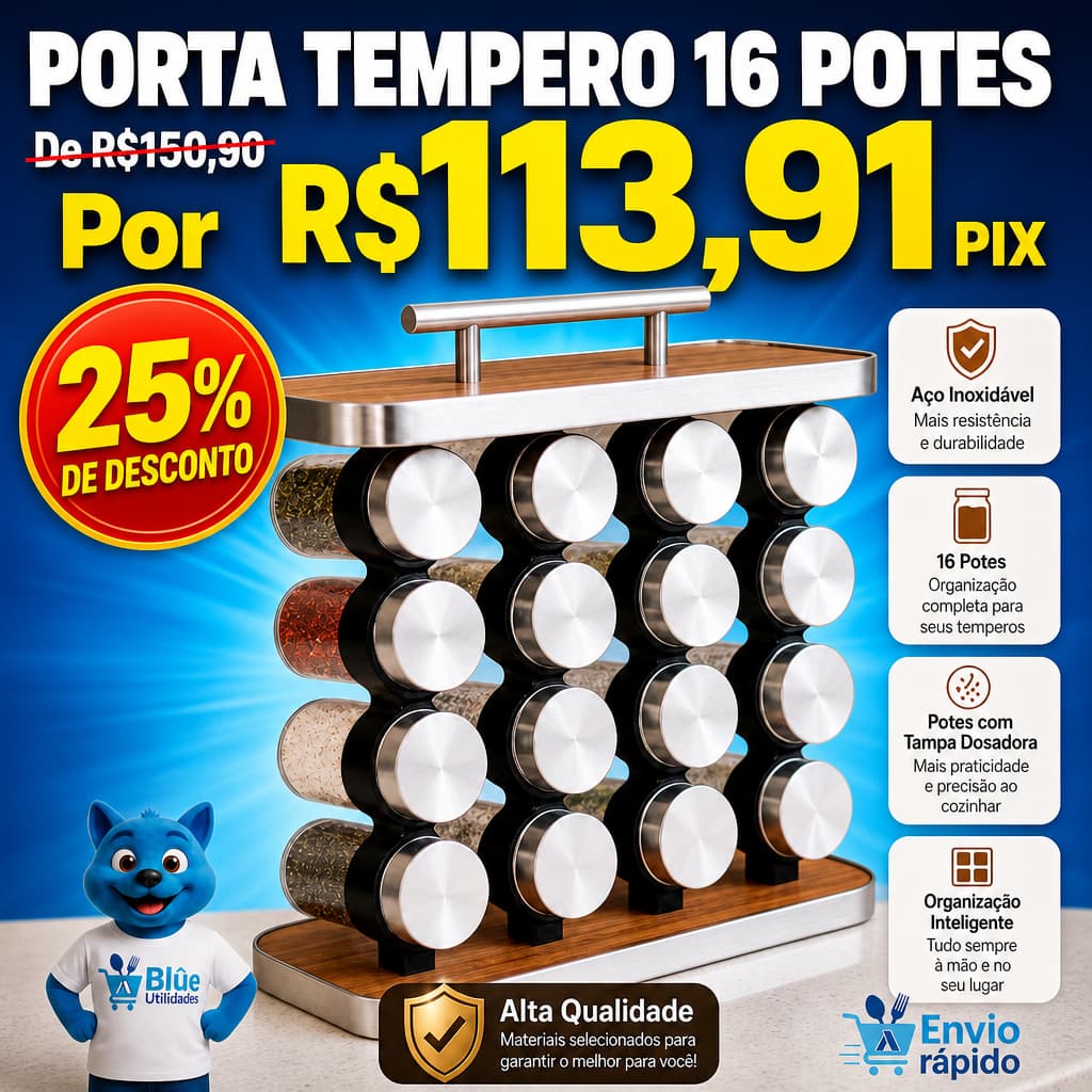 Porta Tempero Condimentos 16 Potes Inox Vidro Organiza Cozinha