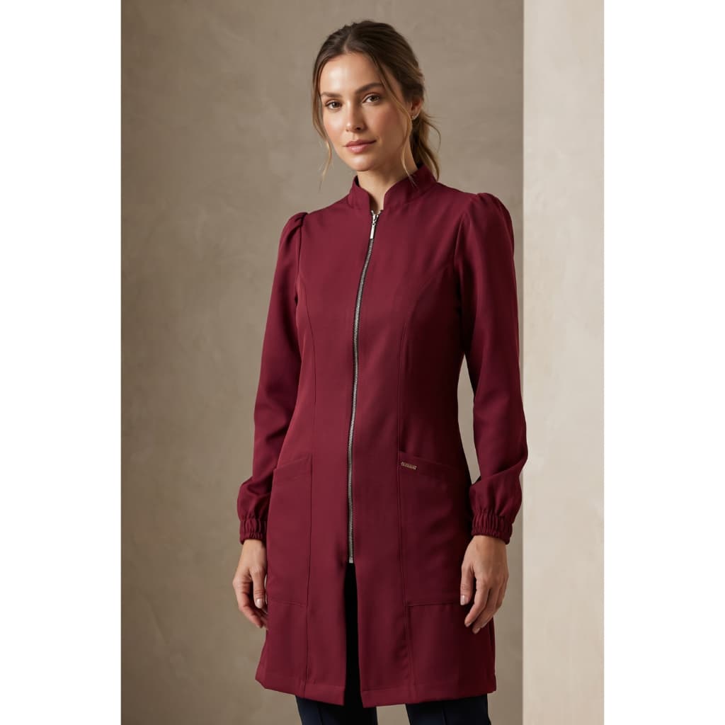 Jaleco Feminino Bordo Gabardine Premium Manga Bufante Princesa Gola Padre Jaleco Art
