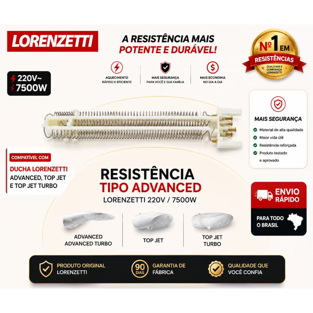 Resistência elétrica para Chuveiro Lorenztti 220V(7500W)–Modelos: Advanced, Advanced Turbo, Top Jet