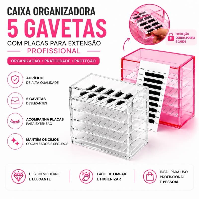 Caixa Organizadora Cílios Acrílico 5 Gavetas com Placas Extensão Profissional