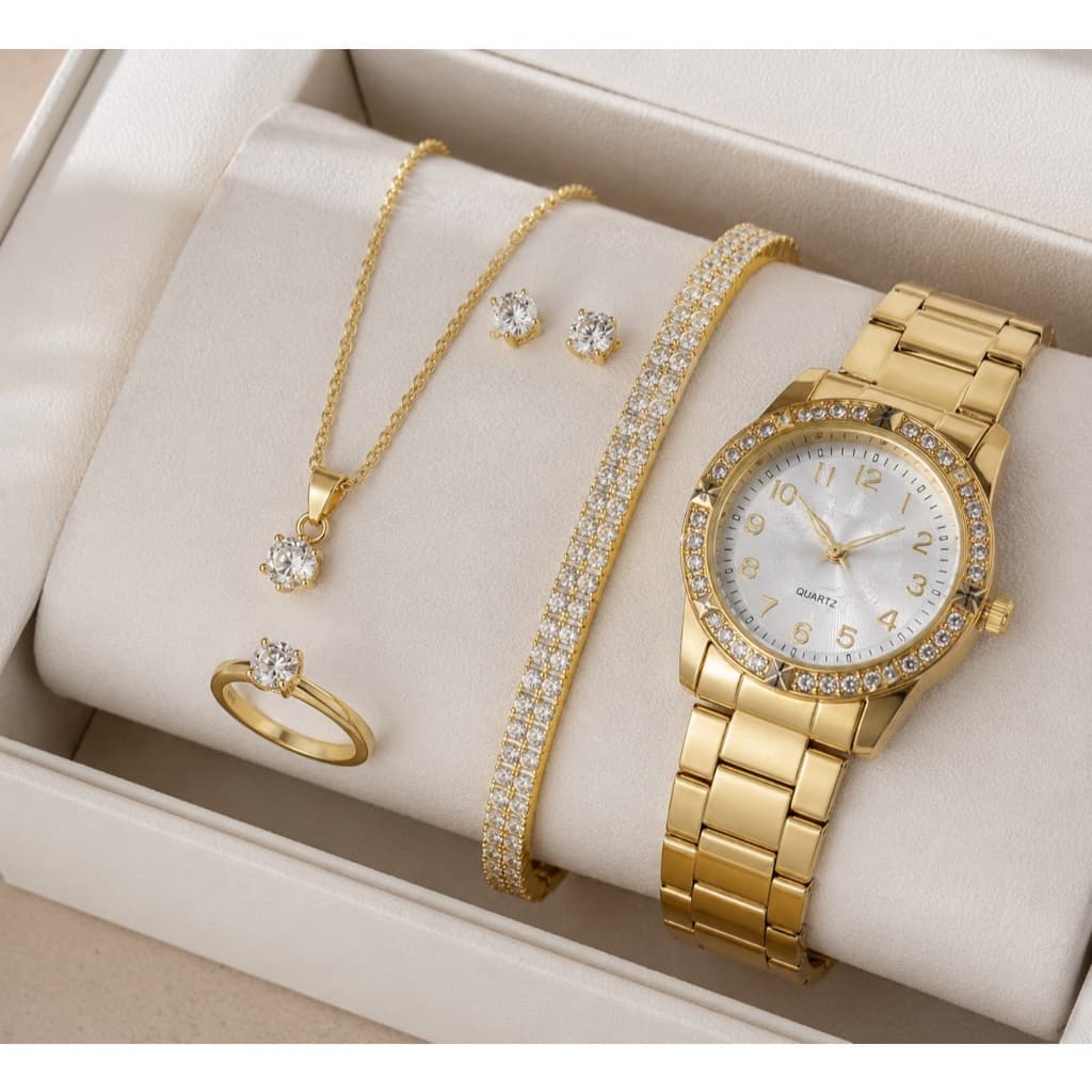 Kit de relógio feminino com brinco + Pulseira + Colar + Anel - Presente