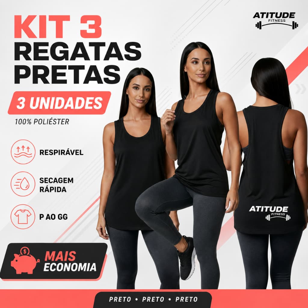 Kit 3 Regatas Femininas Cavadas Fitness Viscolycra Costas Nadador Academia Treino Pretas