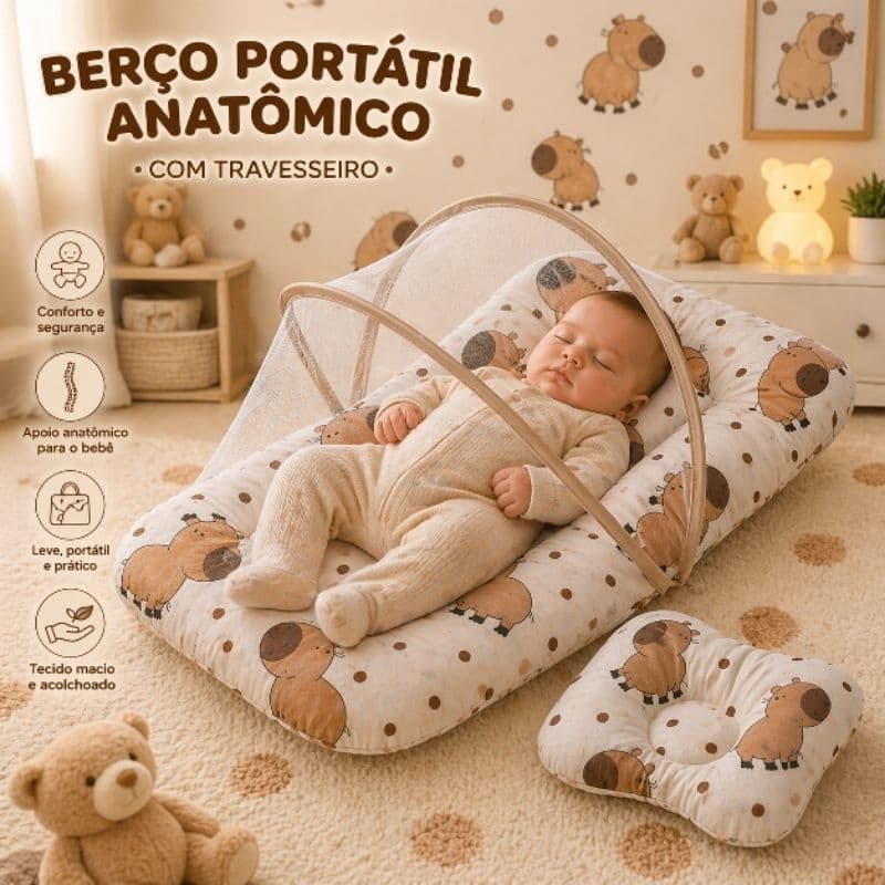 Berço portátil com mosquiteiro + travesseiro anatomico