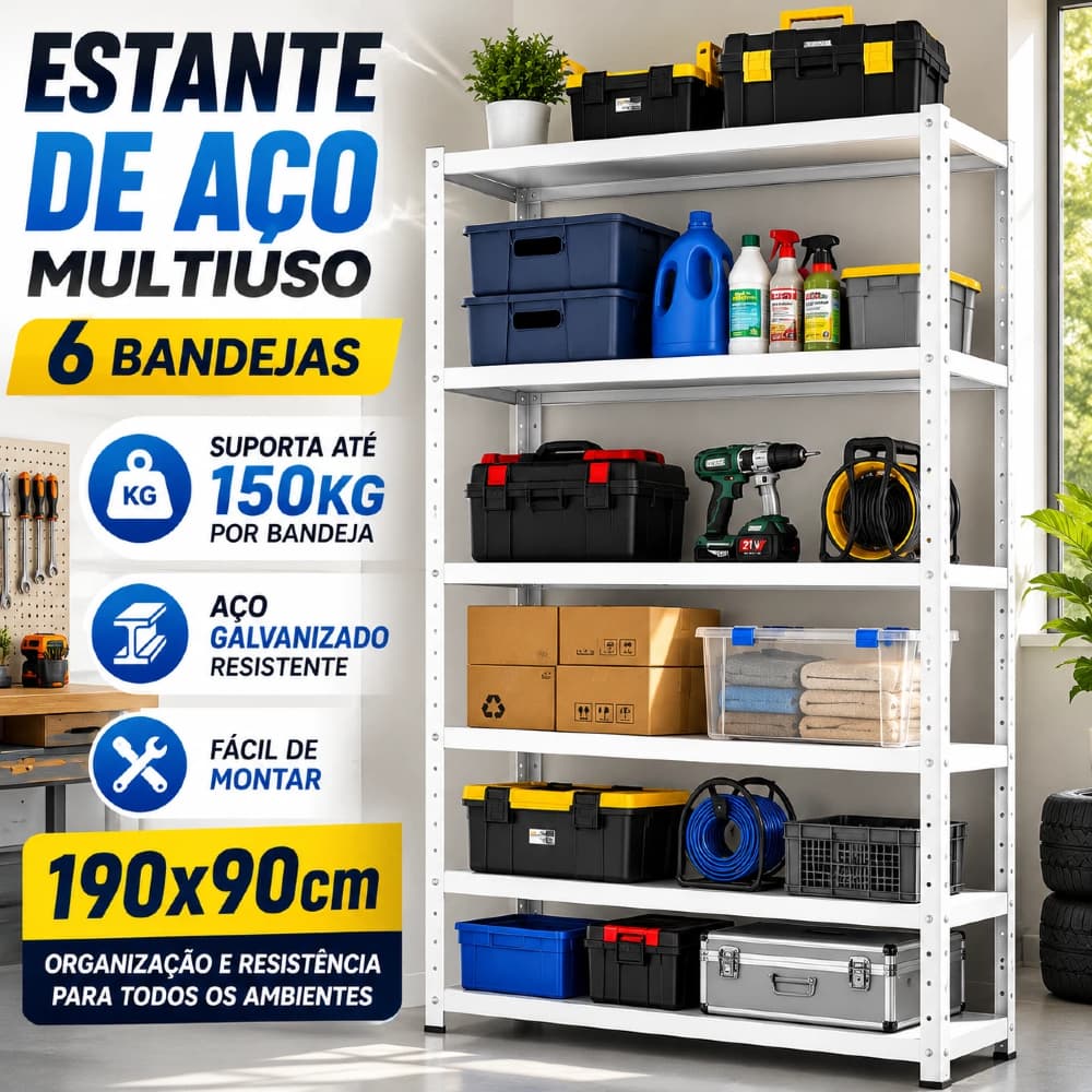 Estante Prateleira Industrial em Aço Galvanizado 6 Bandejas 190x90 Suporta até 150kg