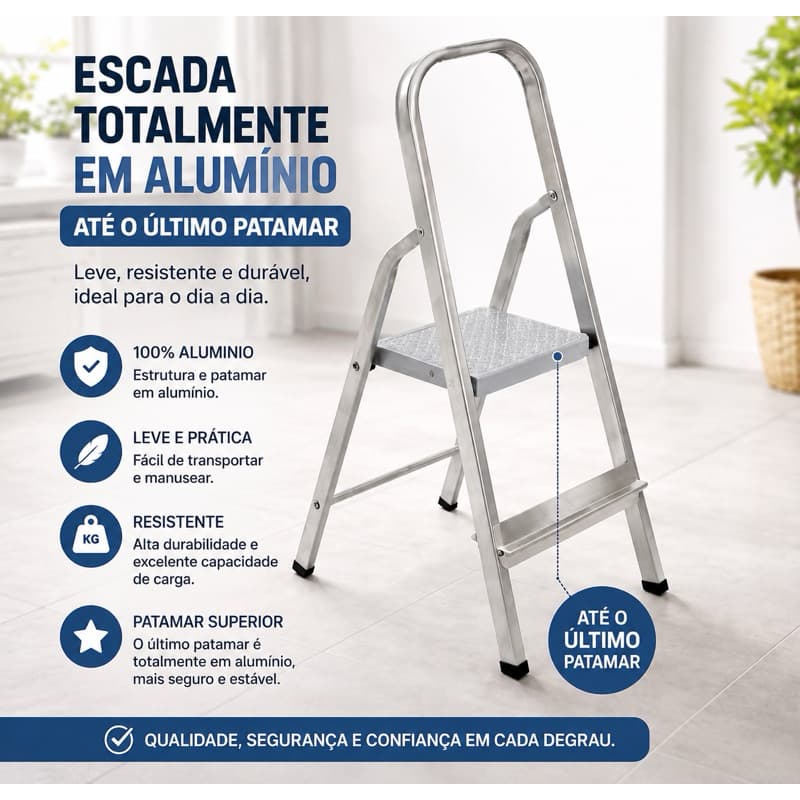 Escada Doméstica Maestro 2 Degraus em Alumínio Reforçada Antiferrugem, toda em alumínio