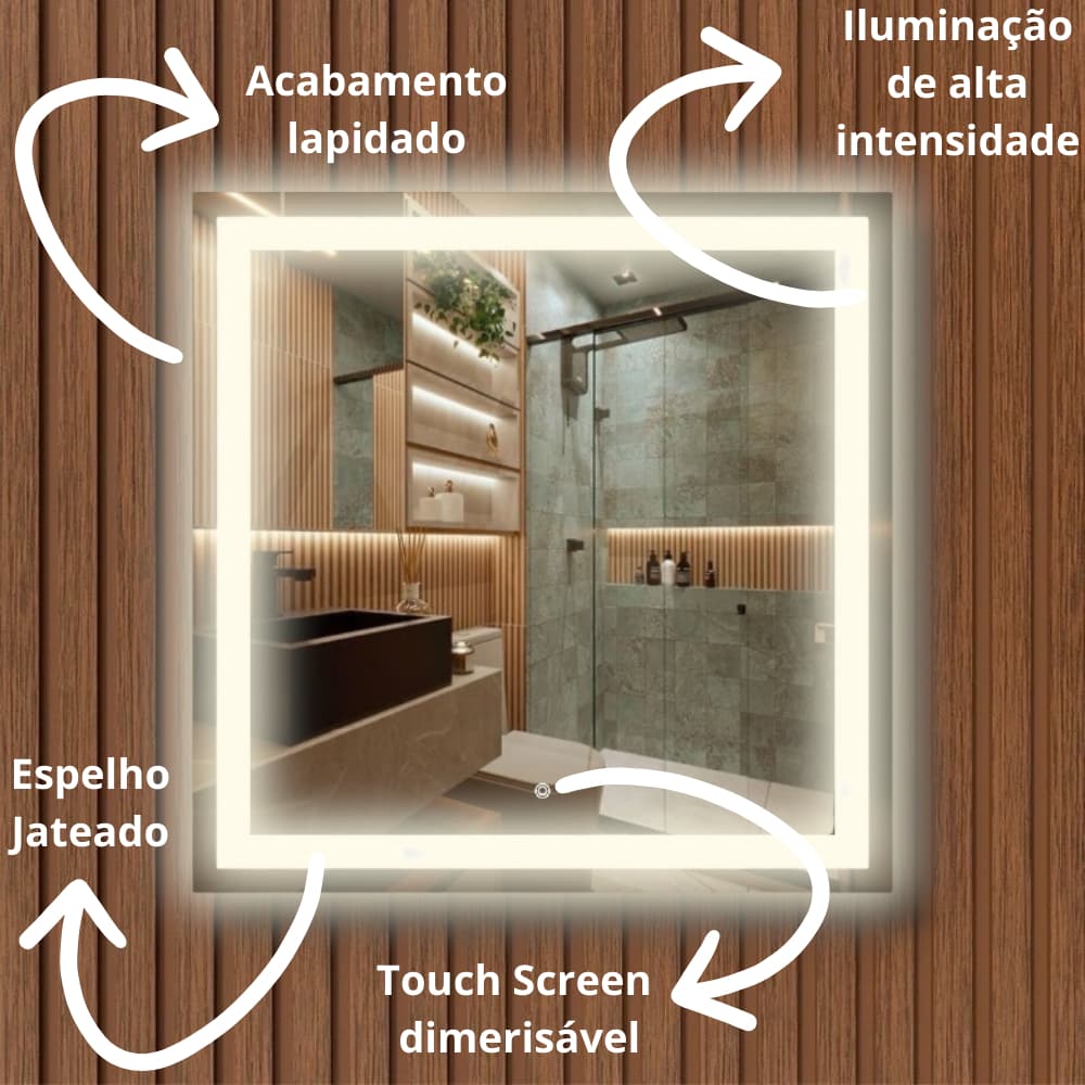 Espelho Led Quadrado Jateado 80x80 com Led 3 tons com Sensor Touch Salão Maquiagem Studio Barbearia