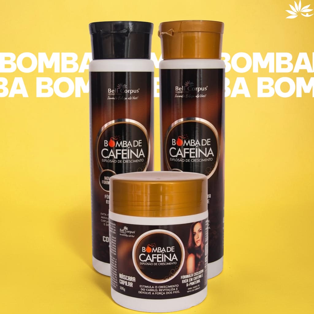 Shampoo e Condicionador Bomba Cafeína Kit com Máscara de Cabelo Crescimento e Força - BellCorpus