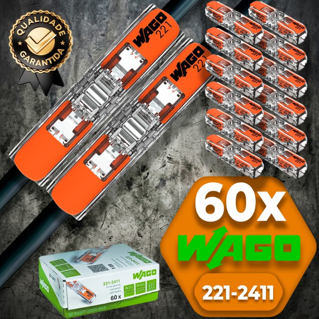 Conector de Fio Elétrico Wago 221-2411 Emenda 4mm² conexão automática Kit 20, 24, 30, 40, 50, 60 pc