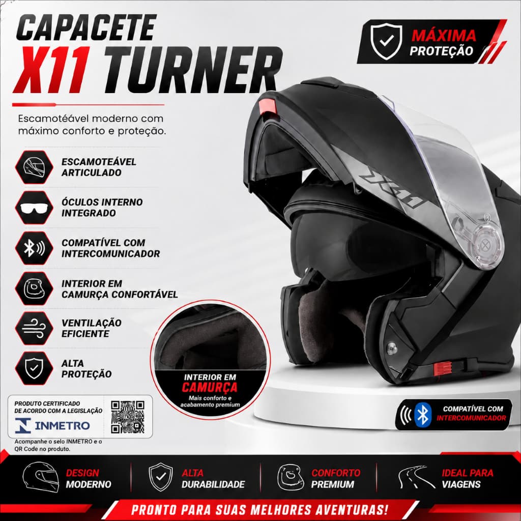 CAPACETE MOTO X11 TURNER SOLIDES PRETO FOSCO ESCAMOTEAVEL ROBOCOP PREMIUM CAMURÇA ORIGINAL