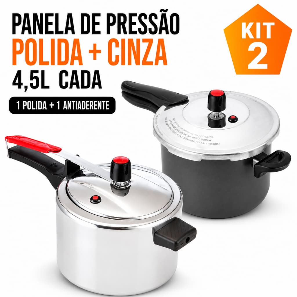 Kit 2 Panelas De Pressão Diferentes Grande 4,5 Litros Antiaderente Cinza + Panela Polida Clássica