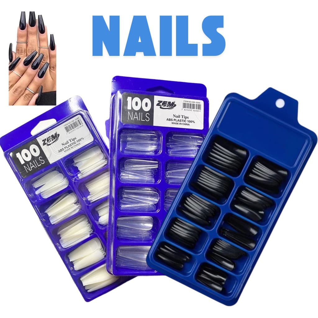 KIT 100 Unhas Postiças Tips Bailarina Branco/Transparente/Preto Sem Cola | Alongamento e Nail Art