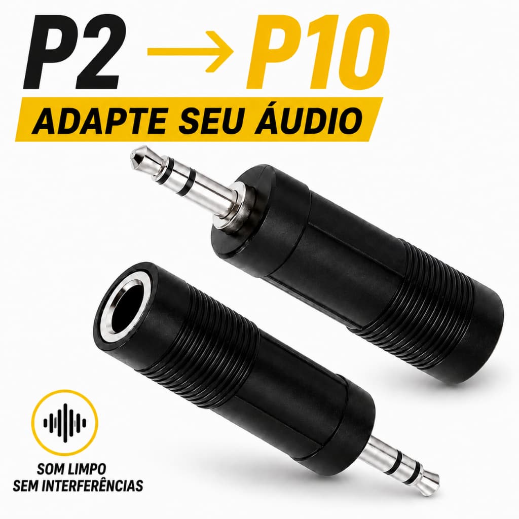Adaptador P2 para P10 3.5mm Guitarra Violão Mesa de Som - Conversor Áudio P10 Fêmea P2 Macho