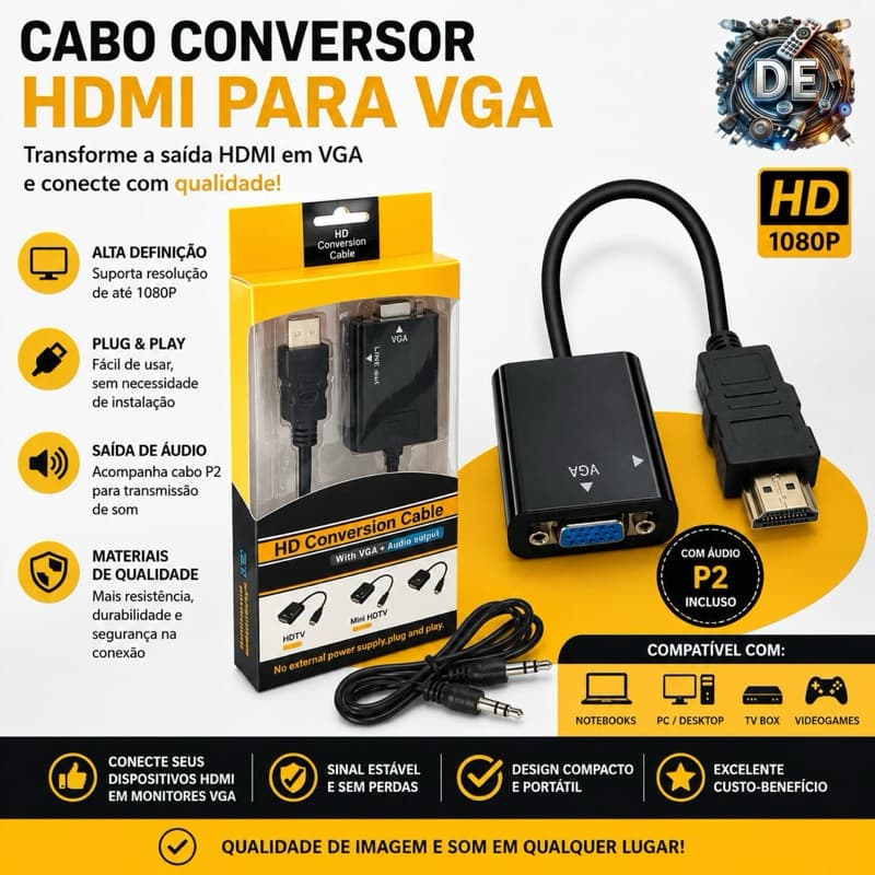 Cabo Adaptador Conversor Compatível com HDMI Para Vga Com Saida P2 De Audio