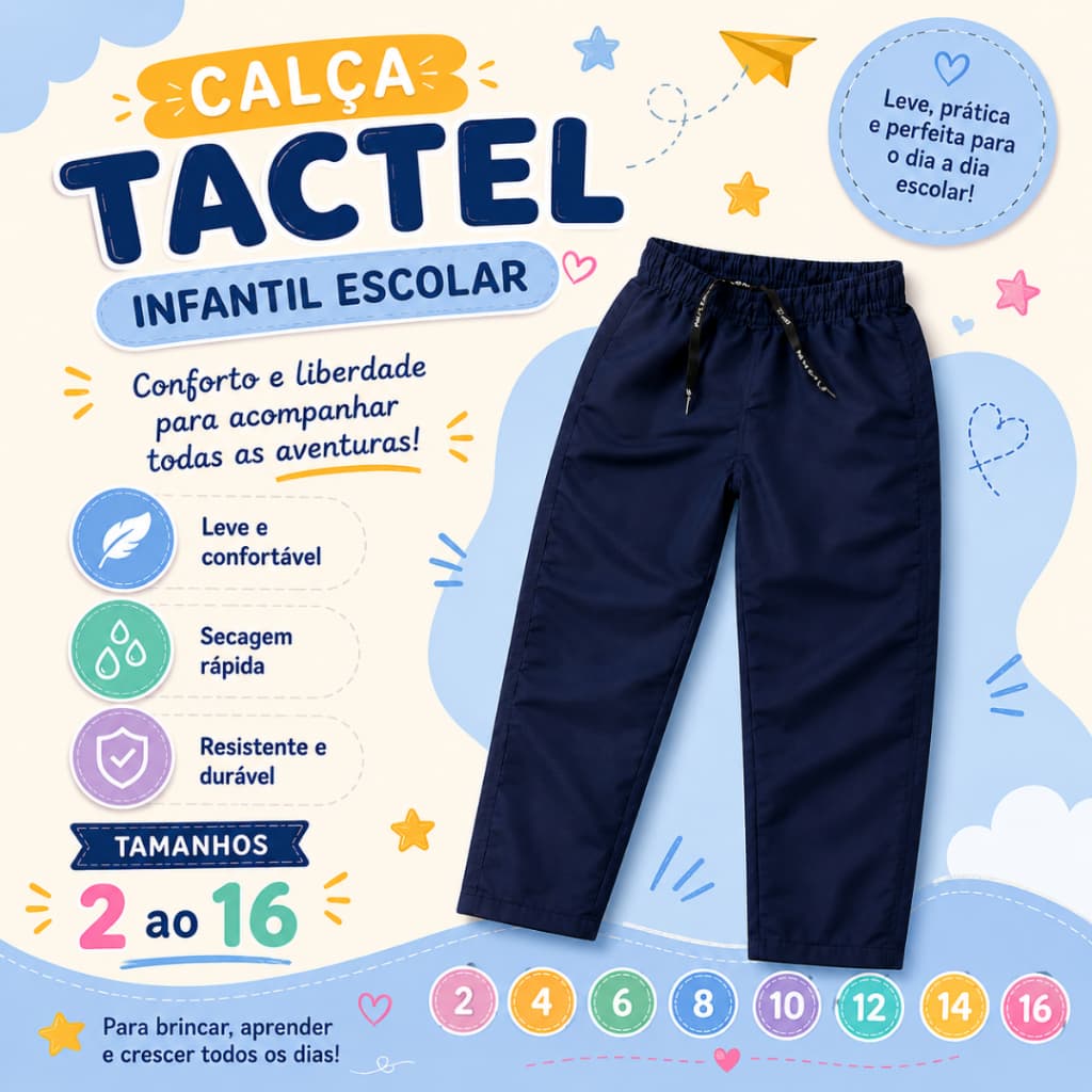 Calça Infantil Tactel Pré Escola 2 a 5 Anos Confortável