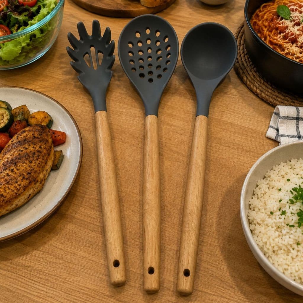 Conjunto 3 Colheres Concha e Vazada Para Cozinha Colher de Silicone Vermelha Cinza Inox Cabo Bambu