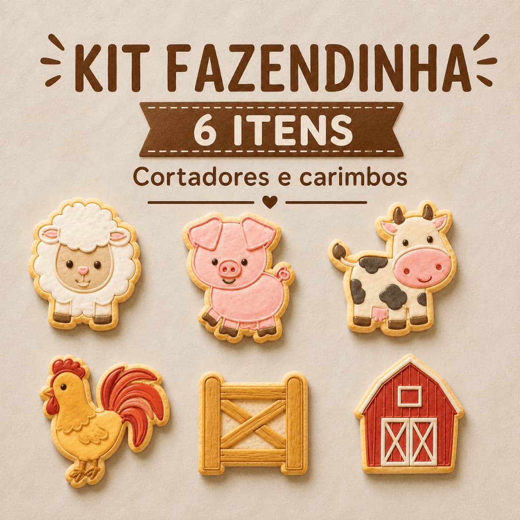 Kit 6 Cortadores Fazendinha com Marcador para Biscoitos