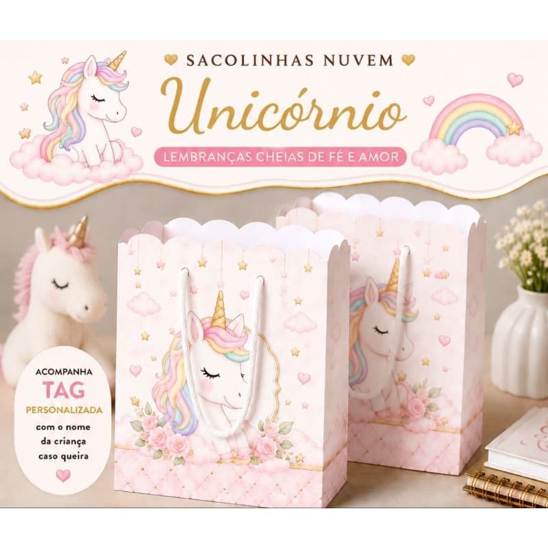 # 💕 Sacolinhas Personalizadas Unicórnio , Sacolinhas Nuvem Personalizadas – Modelo, Unicórnio baby Nuvem Luxo