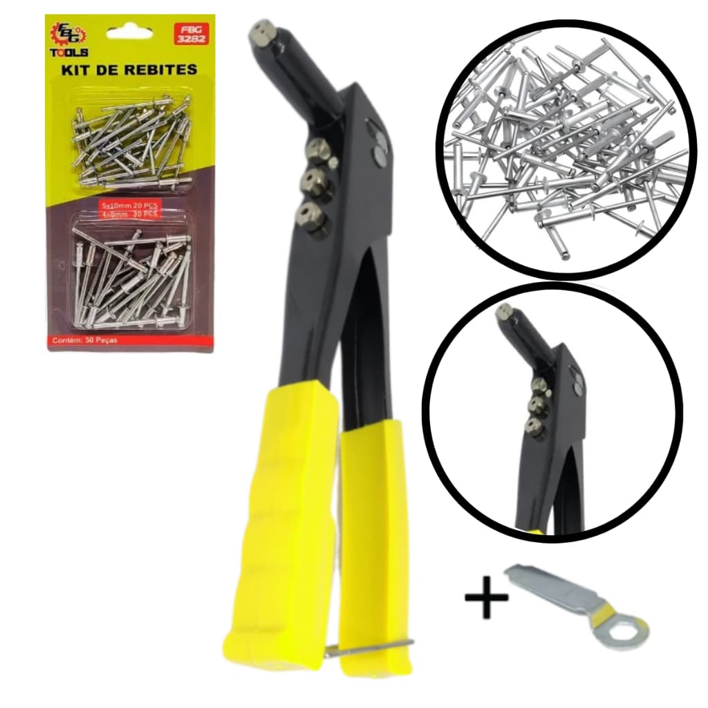 Rebitadeira Manual Alicate 4 Medidas Premium +50 Rebites