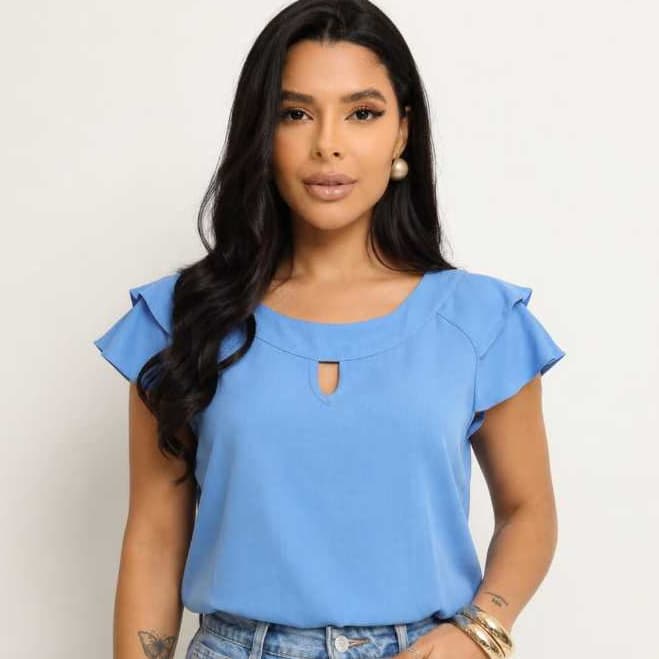 Blusa Feminina Viscolinho Manga Babado Decote Gota Elegante Confortável  do M ao GG