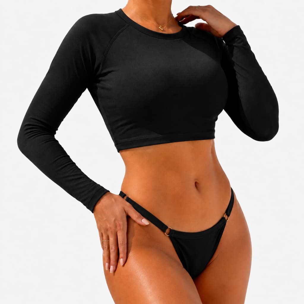 Conjunto Praia Feminino Luxo Biquíni Cortininha Preto com Cropped UV
