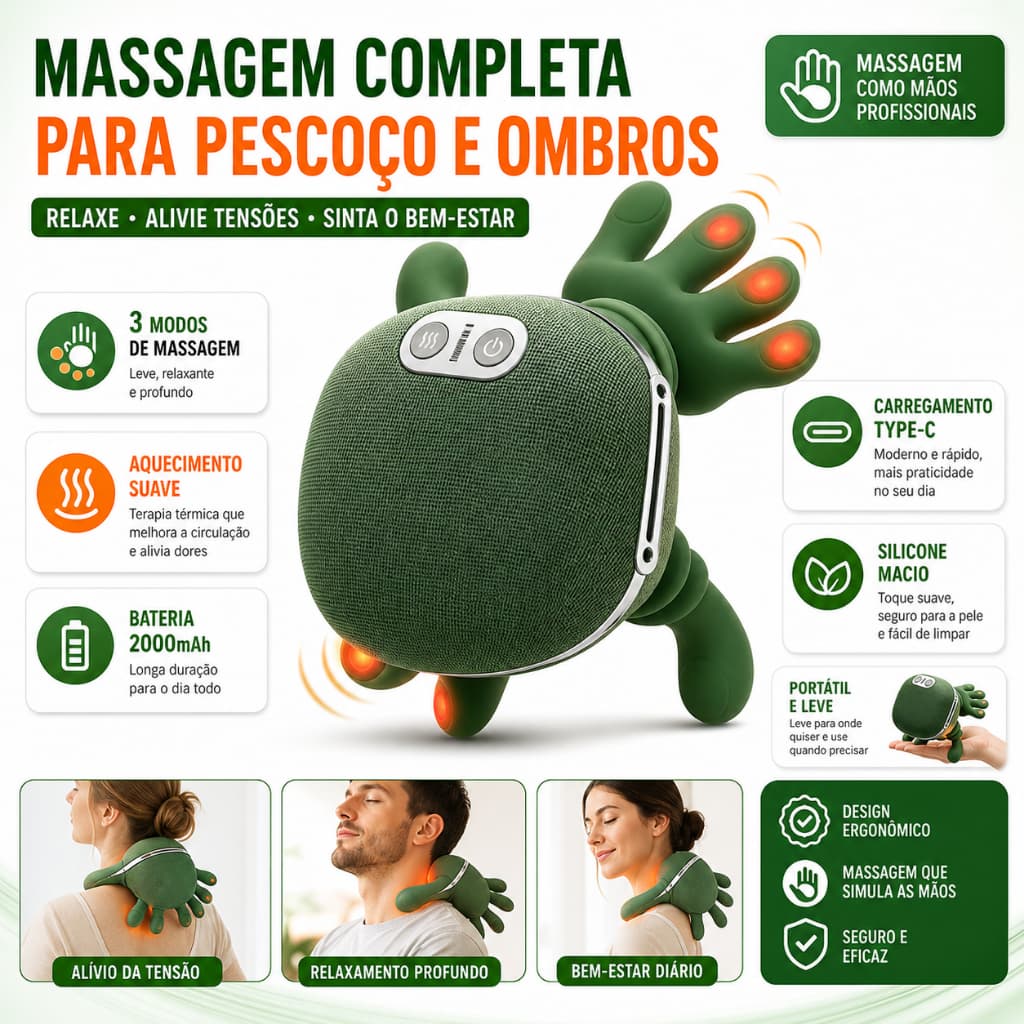 Massageador Elétrico Pescoço e Ombros Sem Fio Aquecimento USB-C 3 Modos Recarregável