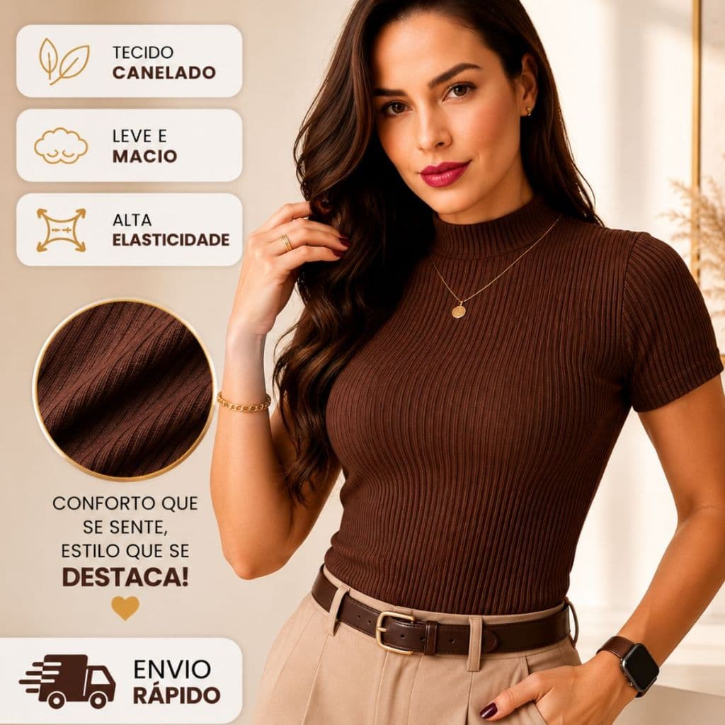 Blusa Canelada Feminina Gola Alta Manga Curta Canelado Camisetas Femininas Moderna Elegante