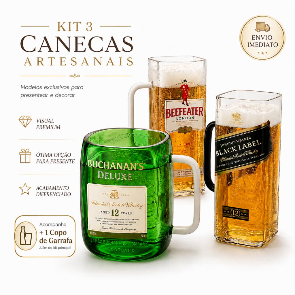 Kit 3 Canecas de Vidro Artesanais de Garrafa e 1 Copo de Garrafa Alça de Qualidade Envio Imediato