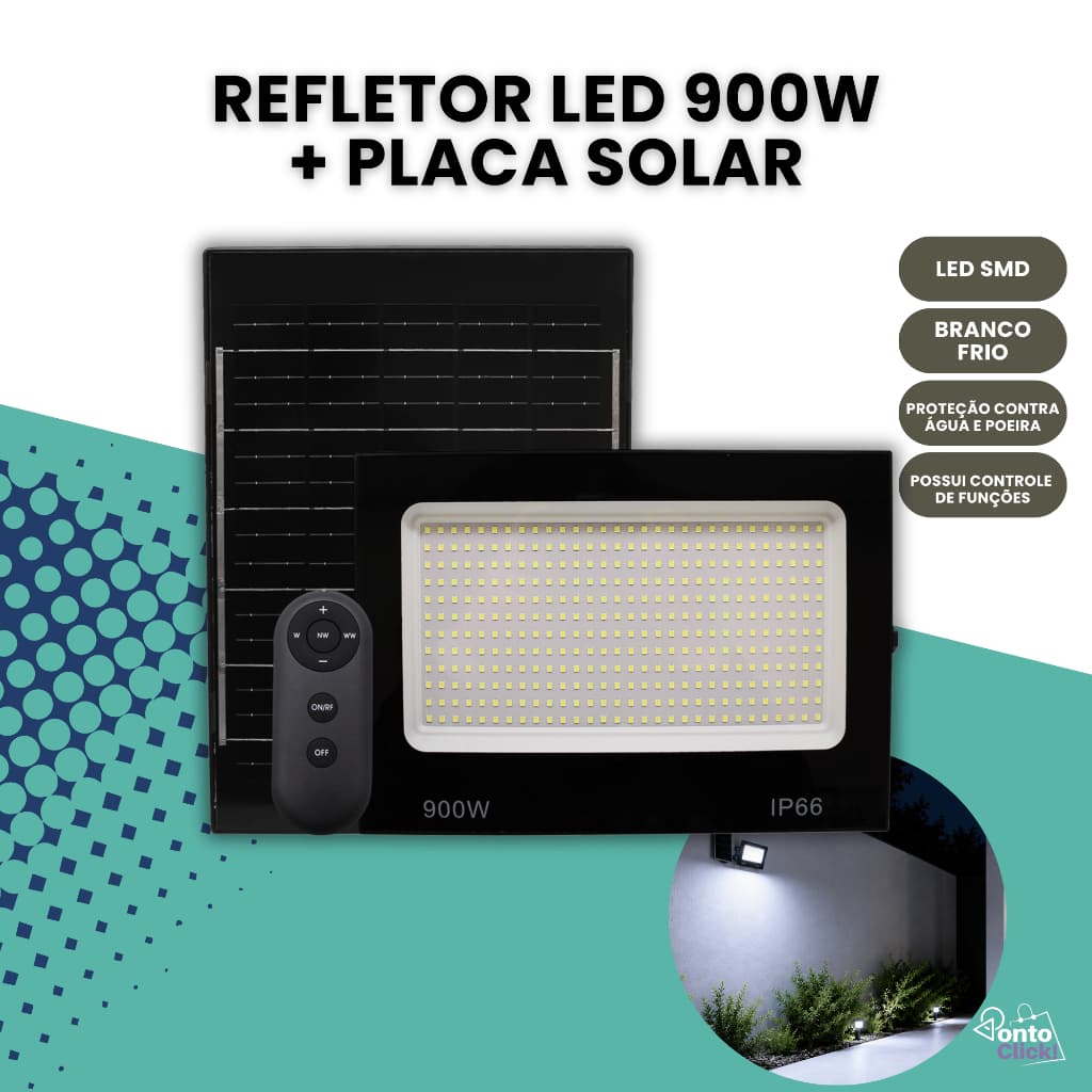 Refletor Solar Prova D'água Led Holofote 900w Placa Bateria