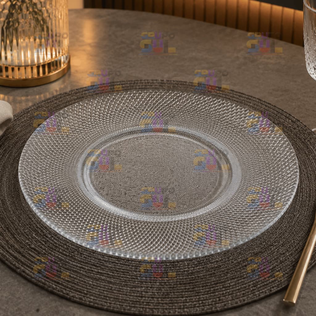 Jogo de Prato de Vidro 8 Peças Trabalhado FORJADO Transparente Moderno Louça Restaurante Cozinha