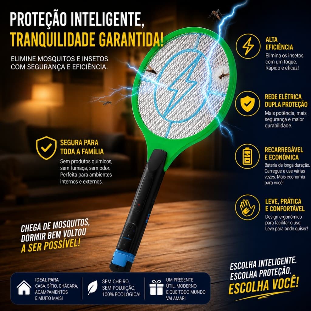 Raquete Elétrica Mata Mosquito Pernilongo Insetos Recarregável