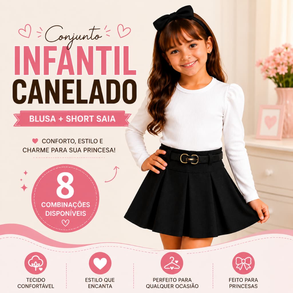 onjunto Infantil Blogueirinha Menina Blusa Canelada Manga Longa Short Saia 4 a 10 Anos