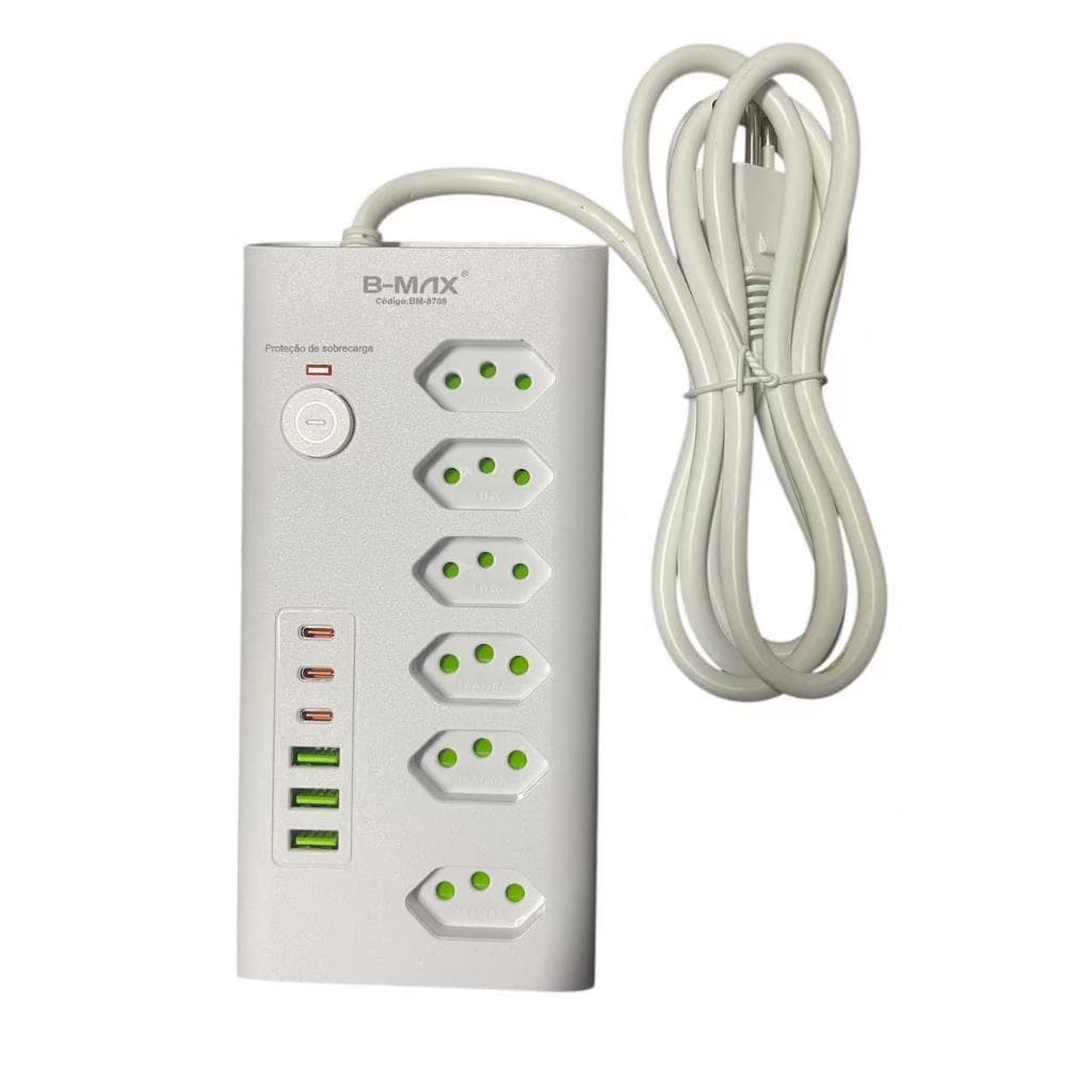 Filtro de Linha 6 Tomadas com USB e USB-C 2m B-MAX