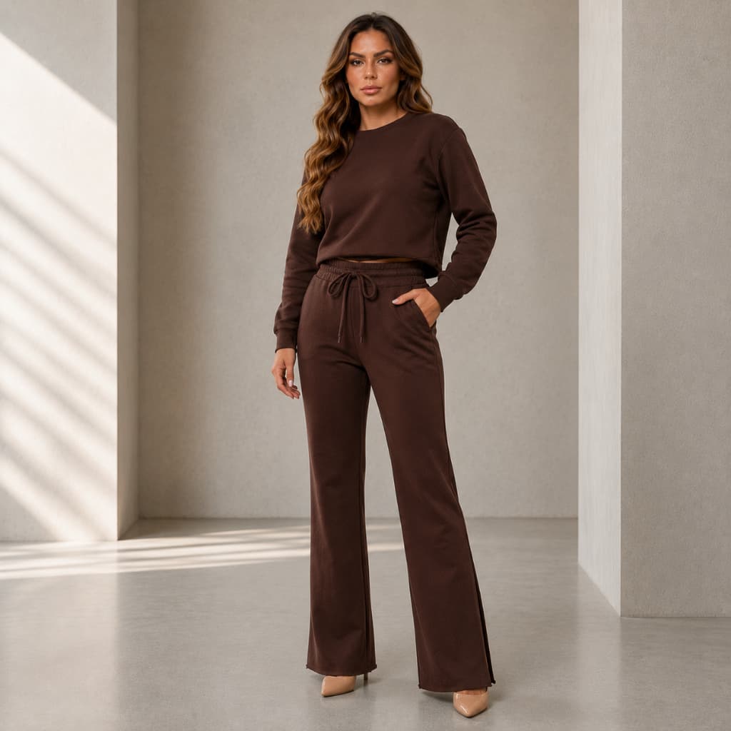 Conjunto De Moletom Feminino Elegante Calça Pantalona Barra Larga e Blusa Básica