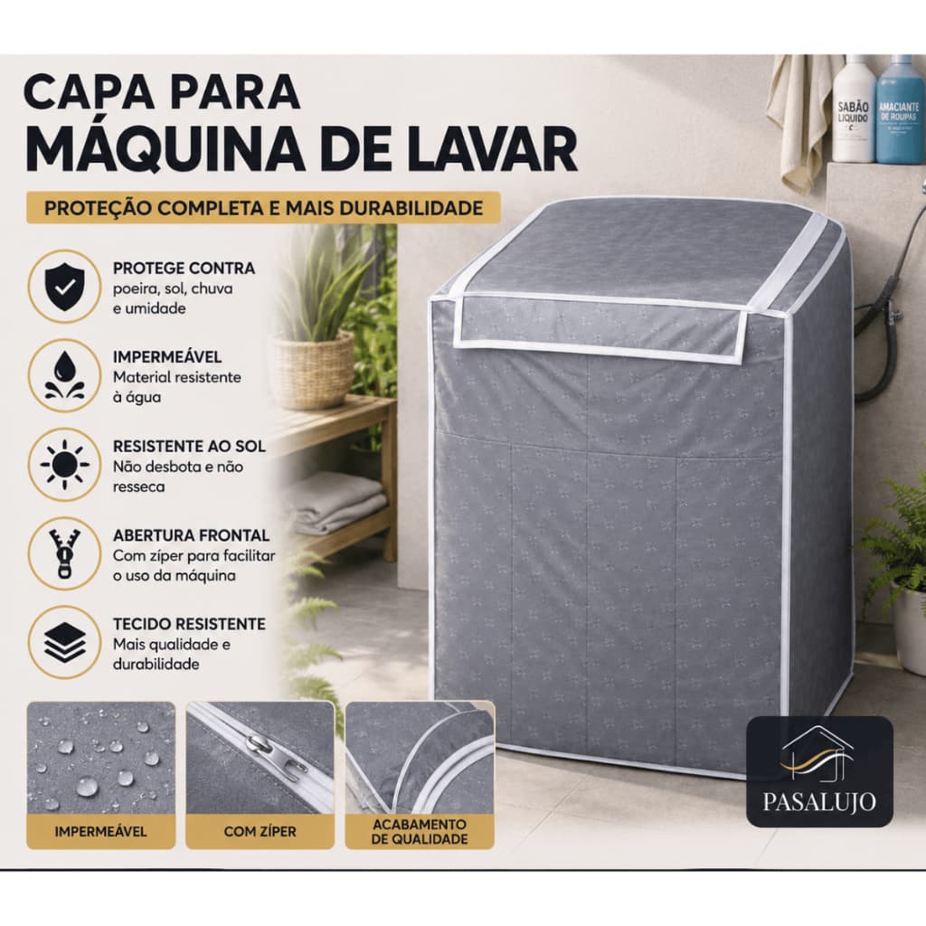 Capa para Máquina de Lavar Impermeável Com Zíper Cinza Preta M e G Tanque Tanquinho Lavável Zíperes