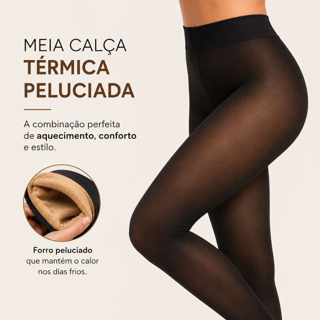 Meia Calça Térmica Peluciada Feminina Preta Translúcida Aveludada Fleece Inverno Cintura Alta 85g P