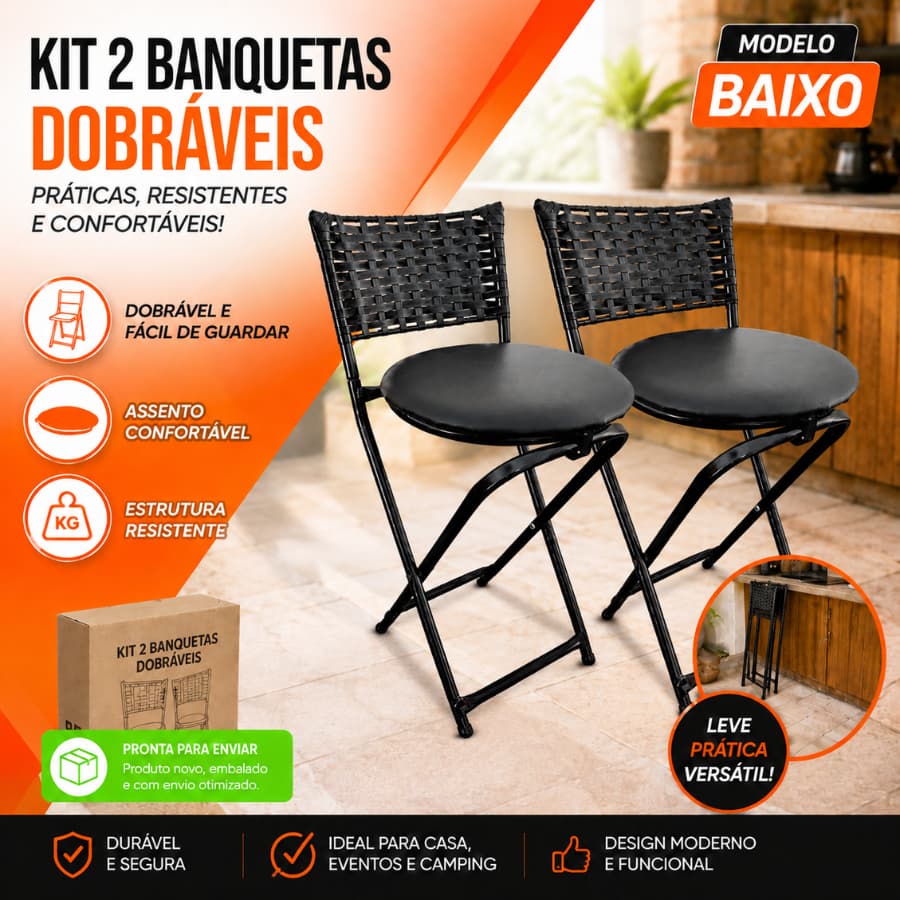 Jogo 2 Banquetas Dobrável Baixas com Encosto em Junco Confortável Elegante Banco Casa Cozinha Mesa
