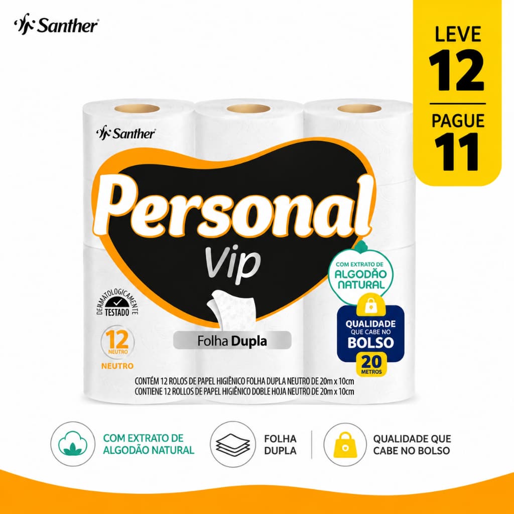 Papel Higiênico Personal Vip Folha Dupla Leve 12 Pague 11 Neutro 20m Macio e Resistente