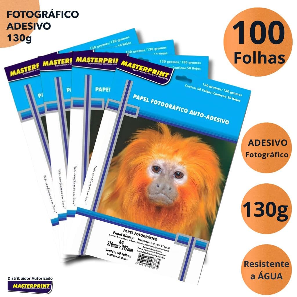 Papel Fotografico Adesivo 130g 100 folhas A4 Glossy Masterprint Resistente a Água Excelente para Personalizados
