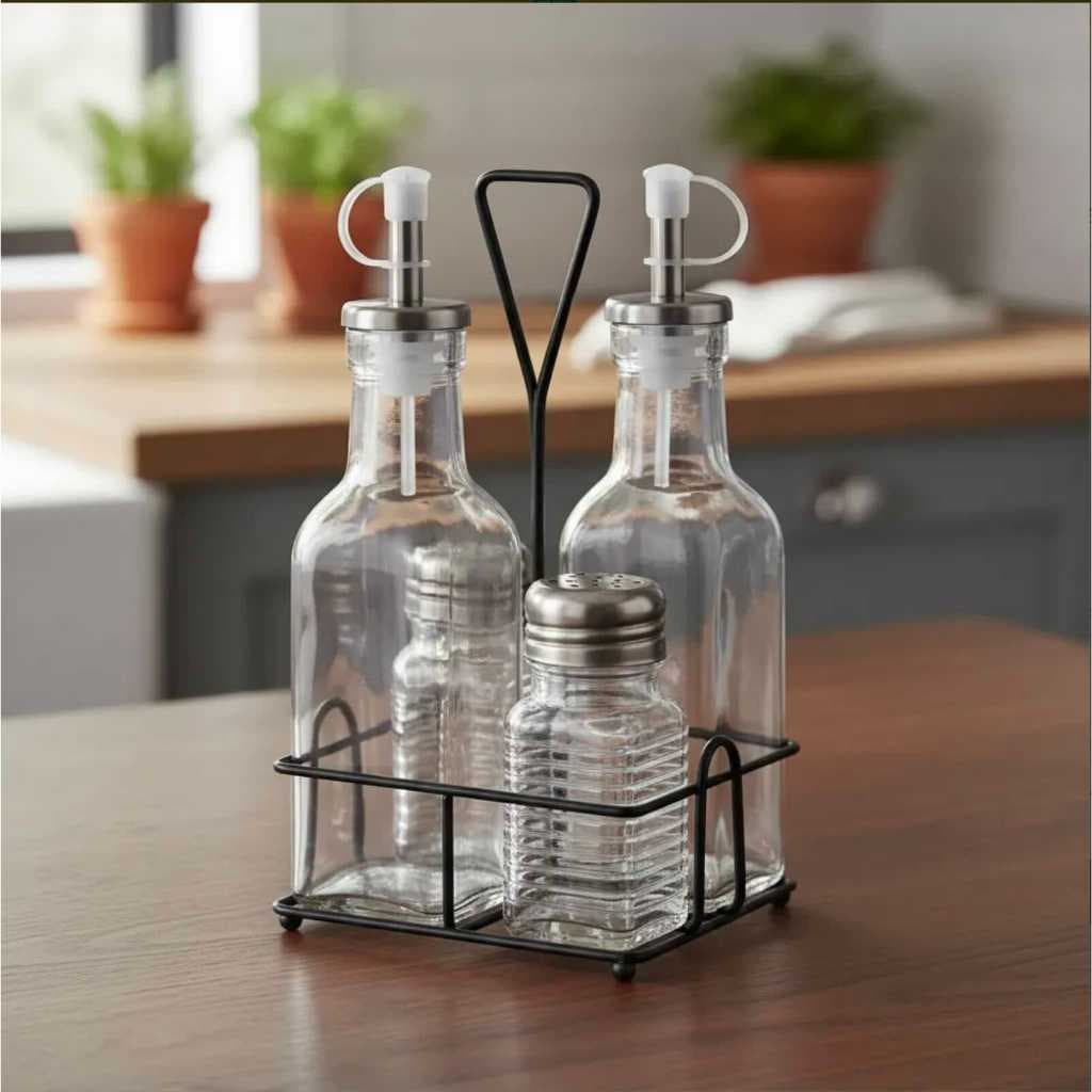 Galheteiro 4 Peças Vidro com Suporte Preto Prático Cozinha